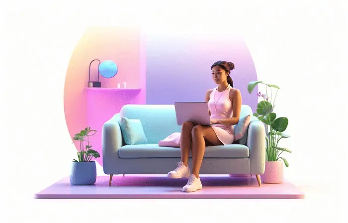 Woman Working from Home with Laptop at Sofa 3D Design Artwork Illustration